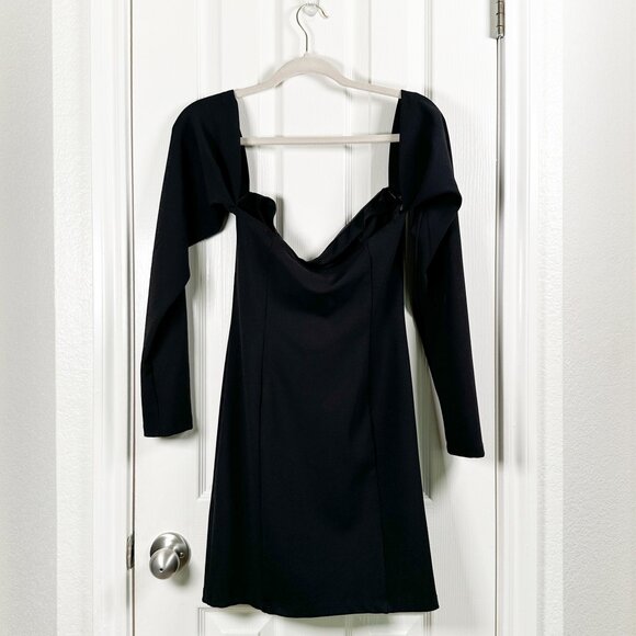 ASOS Size 10 Black Ruched 80's Long Sleeve Bardot Mini Off Shoulder Party Dress - Picture 3 of 5